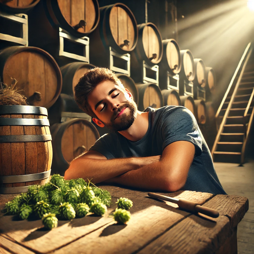 contented brewer peacefully sleeping in a brewery, surrounded by barrels with soft sunlight streaming in through a window