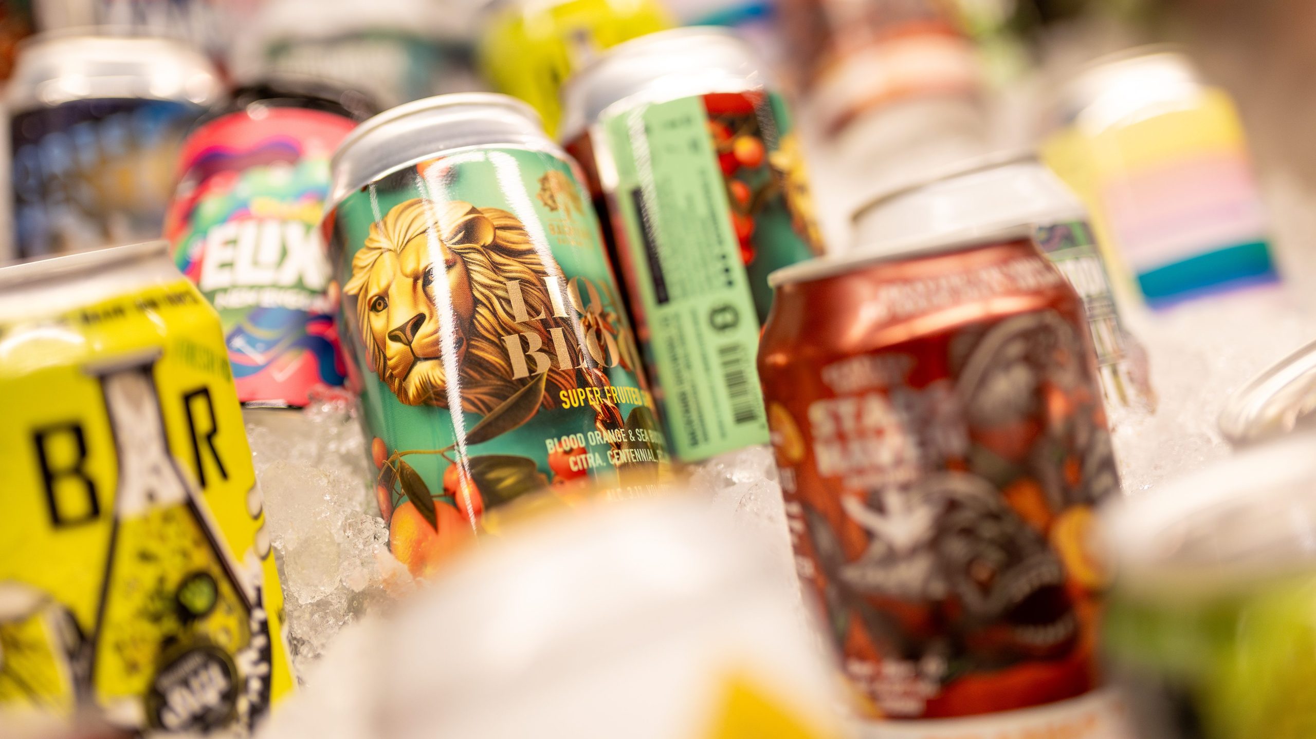 Assorted cans of craft beer cooled in ice, prepared for tasting and quality control testing