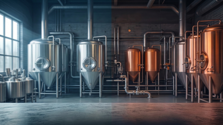 Wnętrze industrialnego browaru z widocznymi zbiornikami ze stali nierdzewnej i miedzi.